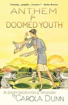 Boekomslag met de titel 'Anthem for Doomed Youth' in grote letters. Een illustratie van een vrouw in een mantel en hoed, met een sjaal, in een tuin met twee honden.
