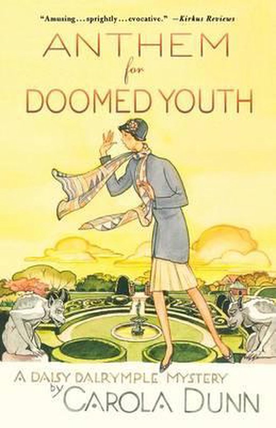 Boekomslag met de titel 'Anthem for Doomed Youth' in grote letters. Een illustratie van een vrouw in een mantel en hoed, met een sjaal, in een tuin met twee honden.