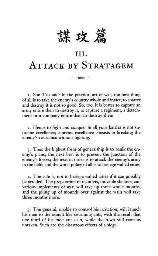Titelpagina van "The Art of War" met het hoofdstuk "Attack by Stratagem".