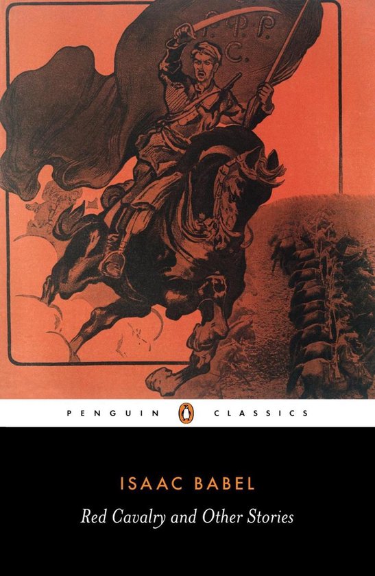 Couverture du livre 'Red Cavalry and Other Stories' avec un fond rouge et une illustration d'un cavalier tenant un drapeau sur un cheval.