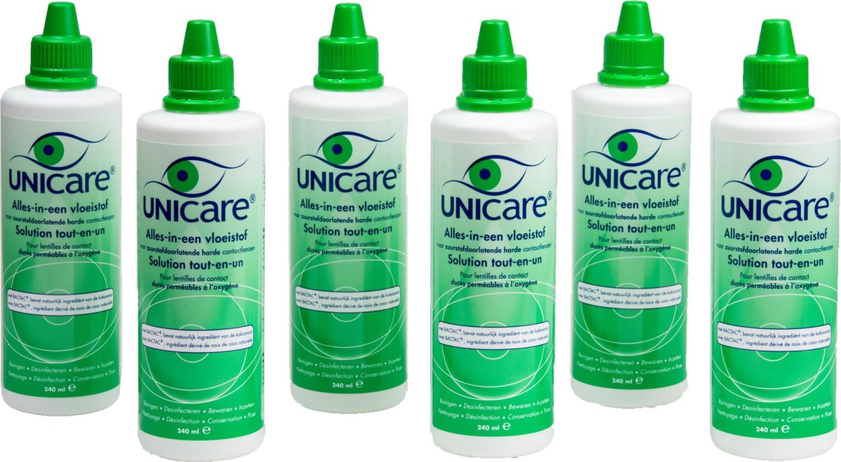 Unicare 6 x 240 ml - lenzenvloeistof voor harde contactlenzen - incl. 6 lenzendoosjes - voordeelverpakking