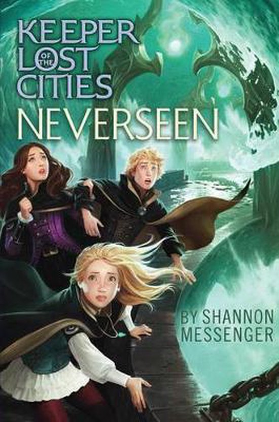 Boekomslag met drie jonge mensen die in paniek wegrennen. Tekst: Keeper of the Lost Cities Neverseen By Shannon Messenger.