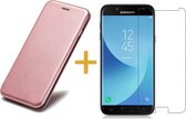 Samsung Galaxy J3 (2017) Book Case Portemonnee Hoesje Roze / Roségoud + Gehard Tempered Glas Screenprotector (Hoesje Leer met Siliconen Houder - Flip Cover 360° Bescherming)