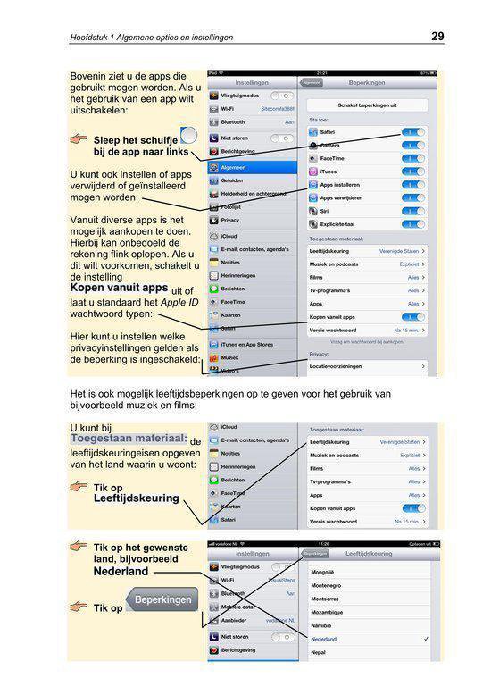 Pagina 29 uit 'Basisgids Tips en trucs voor de iPad' over instellen van beperkingen op een iPad.