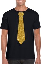 Zwart fun t-shirt met stropdas in glitter goud heren XL