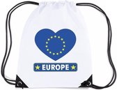 Europa nylon rijgkoord rugzak/ sporttas wit met Europese vlag in hart