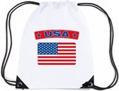 Amerika nylon rijgkoord rugzak/ sporttas wit met Amerikaanse vlag