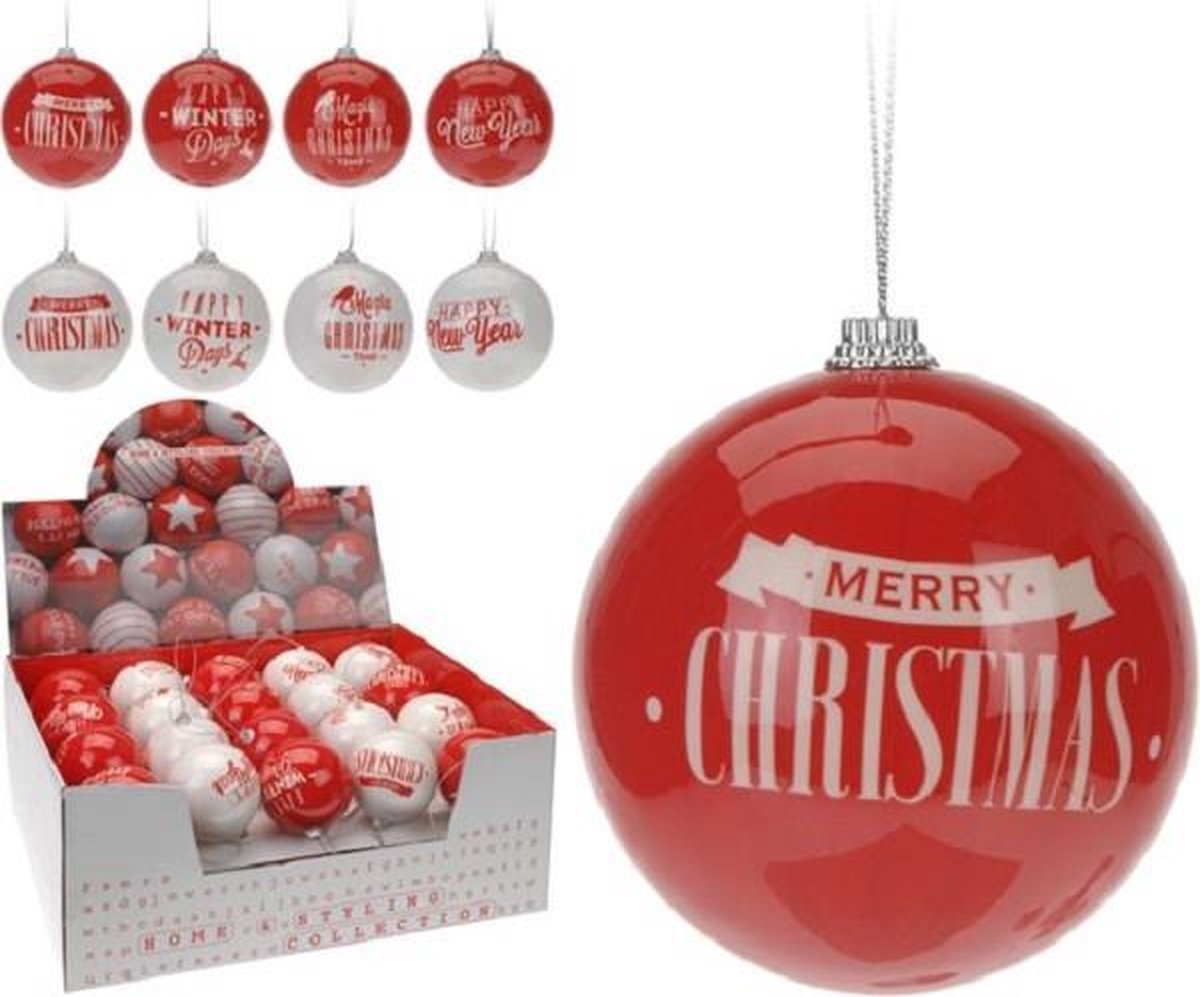 1 Kerstbal kunststof 8cm rood wit