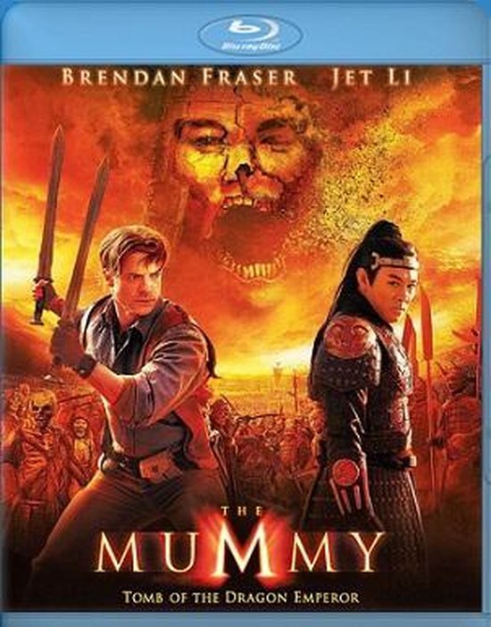 Blu-ray hoes met Brendan Fraser en Jet Li, met de titel 'The Mummy: Tomb of the Dragon Emperor'.