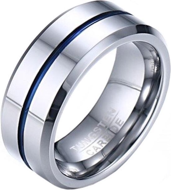 Wolfraam heren ring Zilverkleurig met blauwe streep-20mm