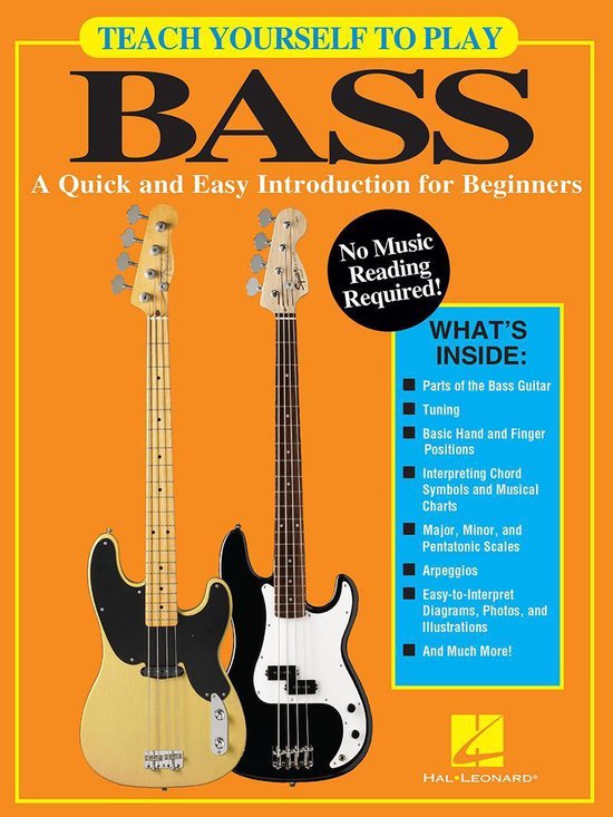 Couverture du livre 'Teach Yourself to Play Bass' avec deux guitares basses, une beige et une noire. Boîte bleue avec 'WHAT'S INSIDE' et du texte.