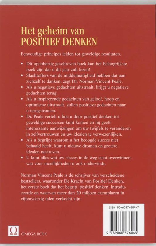 Achterkant van het boek 'Het geheim van positief denken'. Bevat een samenvatting en de ISBN-code.