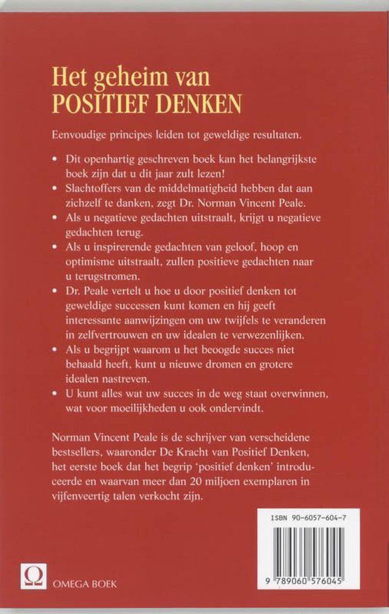 Achterkant van het boek 'Het geheim van positief denken'. Bevat een samenvatting en de ISBN-code.