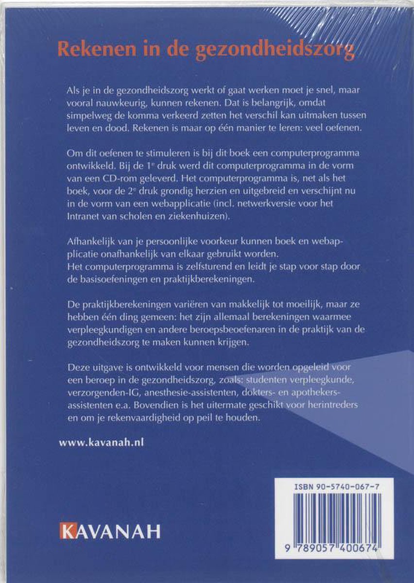 Achterkant boek "Rekenen in de gezondheidszorg", 2e druk, KAVANAH, ISBN 978-9057400674.