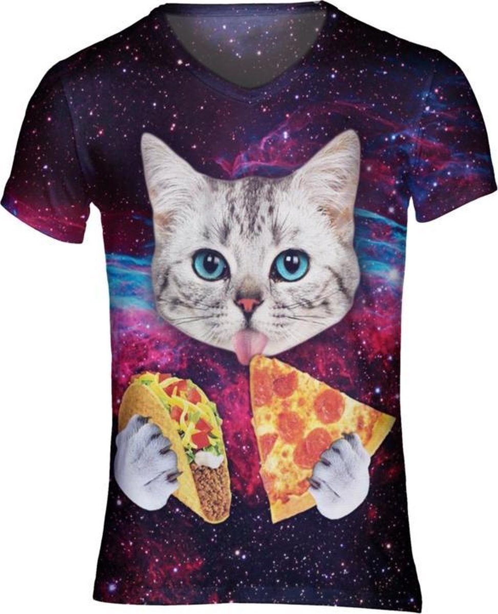 Pizza en taco kat Festival shirt - Maat: XL - V-hals - Feestkleding - Festival Outfit - Fout Feest - T-shirt voor festivals - Rave party kleding - Rave outfit - Kattenshirt - Nineties