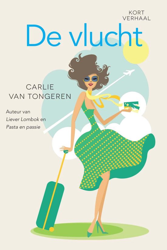 Vlucht van Carlie van Tongeren. Een illustratie van een vrouw in een groene jurk met gele stippen, met een koffer en een sjaal.