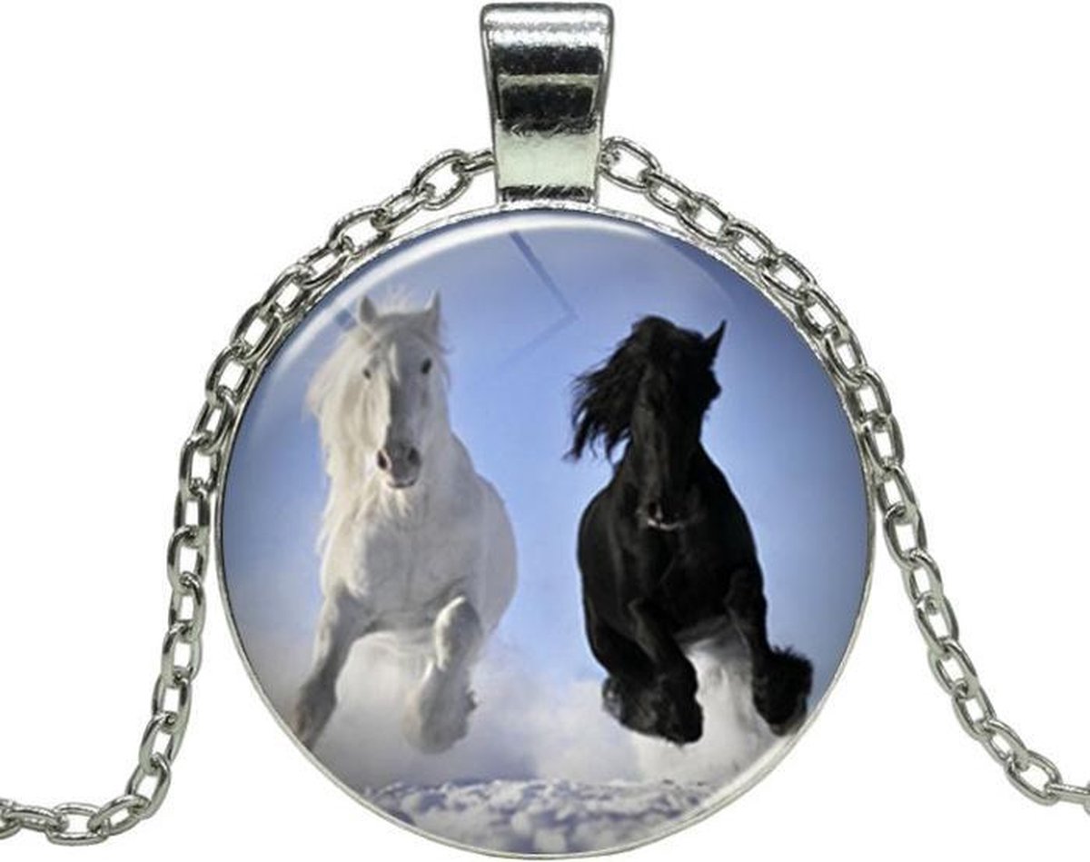 Fako Bijoux® - Ketting - Cabochon - Paard - Zwart & Wit