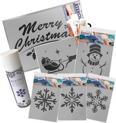 Kerst raamdecoratie pakket - Bevat 6 kunststof Kerst raamdecoratie sjablonen en 1 spuitbus sneeuwspray