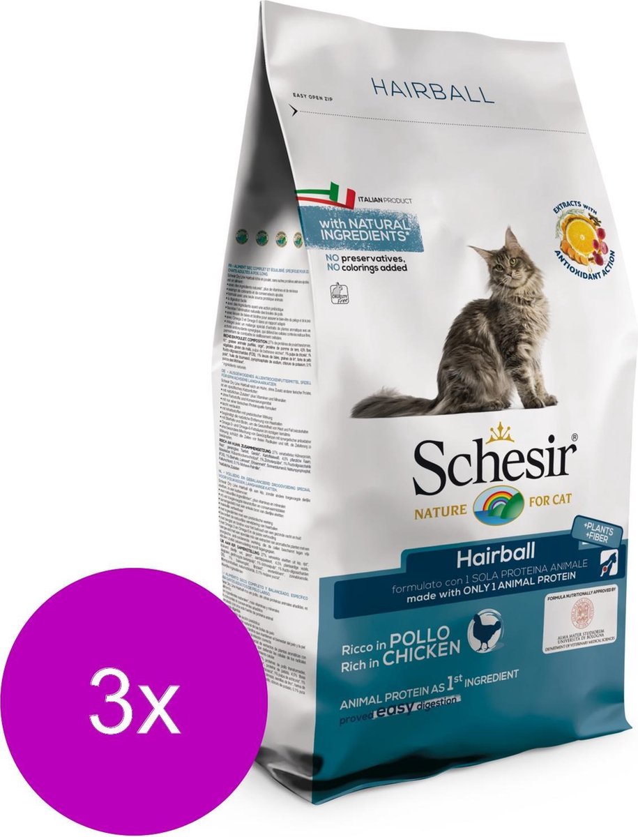 Schesir Hairball Kip - Kat - Volledig droogvoer - 3 x 400 gr