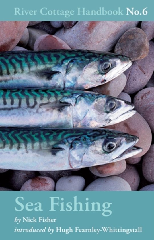 Boek 'Sea Fishing' River Cottage Handbook No.6 met drie makrelen op stenen.