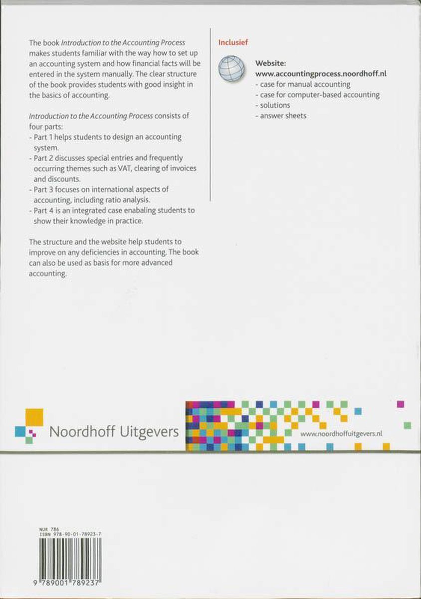 Achterkant van het boek 'Introduction to the Accounting Process' met tekst en een kleurrijke horizontale streep aan de onderkant.