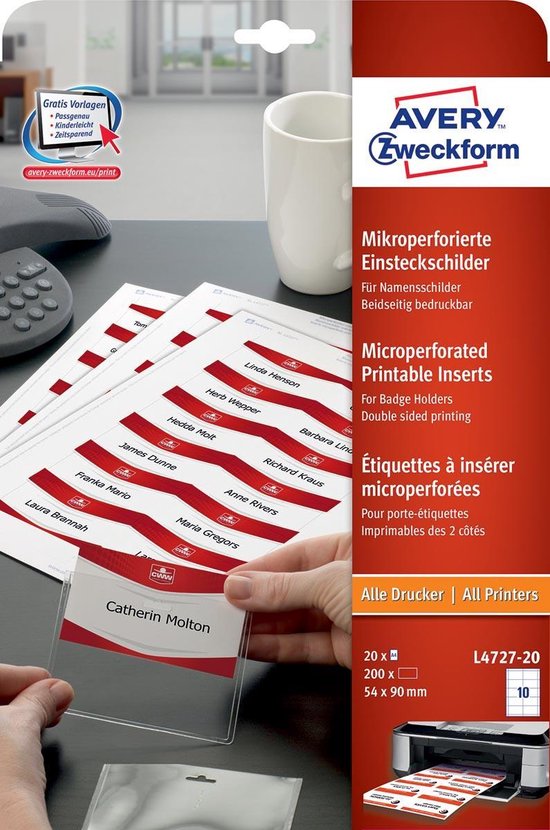 Avery ZWEIFORM microgeperforeerde insteekkaarten voor badgehouders, dubbelzijdig bedrukbaar, 54x90mm, 20 vellen met 10 etiketten per vel.