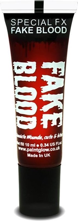 Tube met "SPECIAL FX FAKE BLOOD" in witte letters, met een donkerrode bloeddruppel opdruk. Inhoud 10 ml.