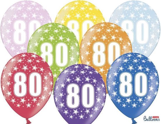 Ballonnen 30cm, 80th Birthday, Metallic Mix (1 zakje met 6 stuks)