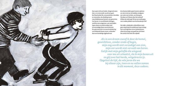 Twee schaatsers, een illustratie in zwart-wit, een persoon duwt de ander.
