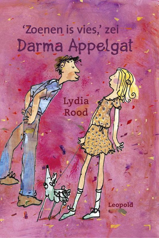 Voorflap van 'Zoenen is vies', zei Darma Appelgat, een kinderboek. Jongen en meisje staan naar elkaar toe, met hondje.