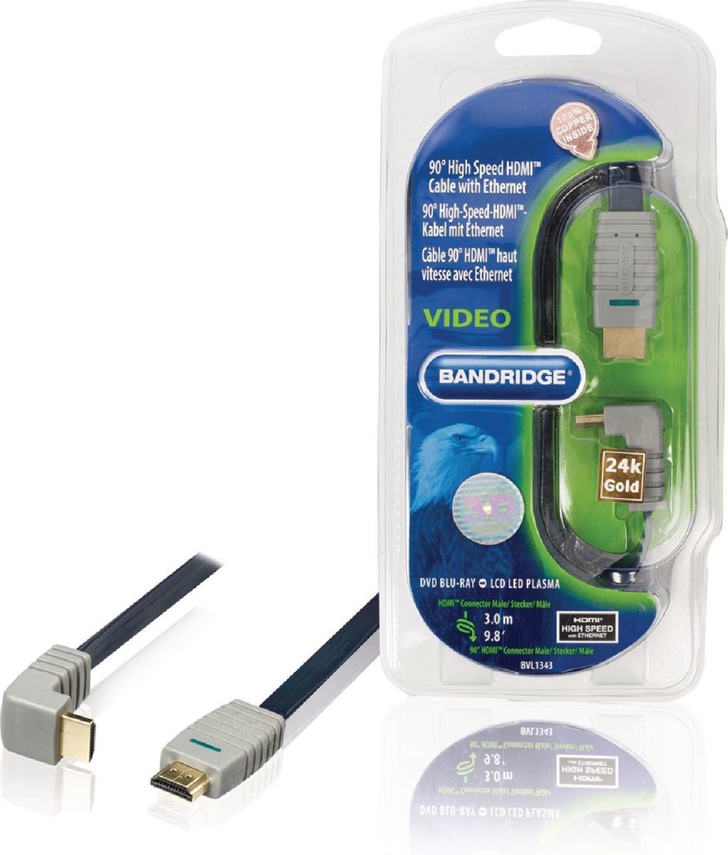 Bandridge HDMI 1.4 High Speed avec câble Ethernet à angle droit - 3 mètres  | bol.com