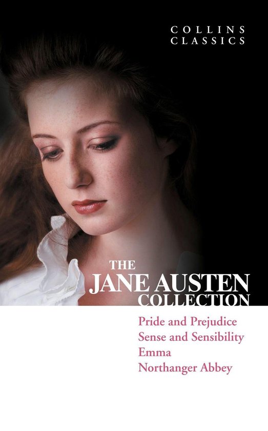 Boekomslag van The Jane Austen Collection met een portret van een vrouw en de titels van haar vier klassiekers.