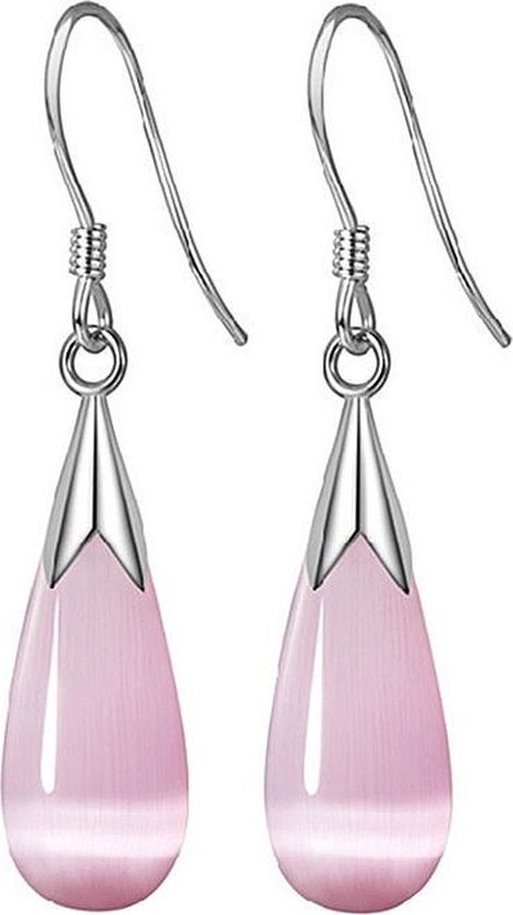 Edelstenen oorbellen Cat's Eye Teardrop Pink - oorhanger - sterling zilver (925) - roze - kattenoog - druppel