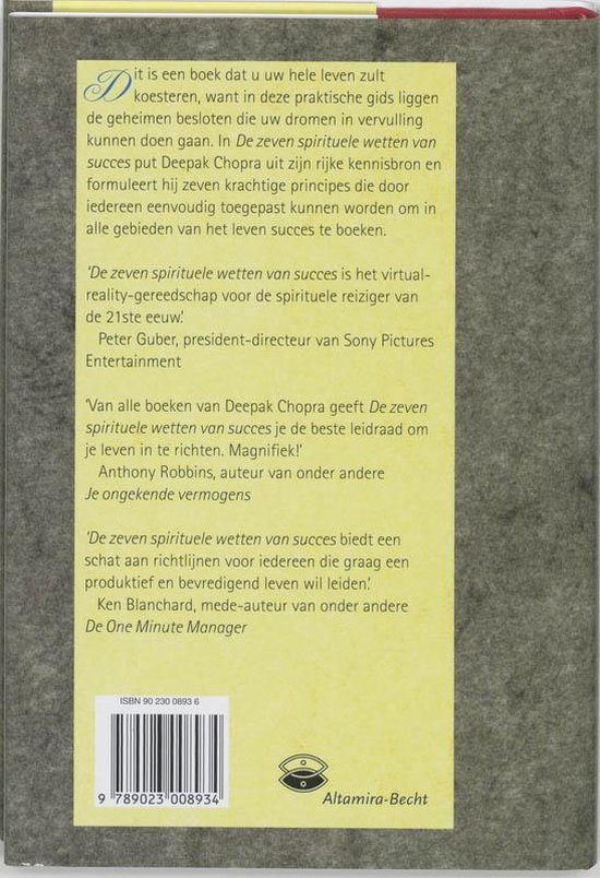 Achterkant van het boek 'De zeven spirituele wetten van succes' met recensies en ISBN-informatie.