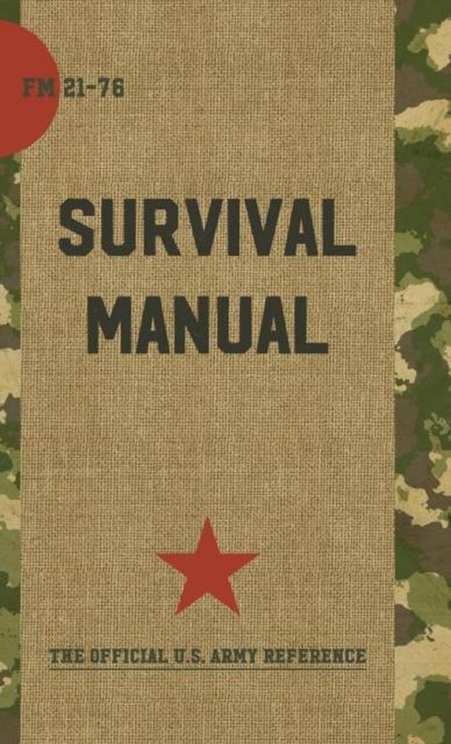 Overlevingshandleiding FM 21-76, 'The Official U.S. Army Reference', met een rode ster op een beige, jute-achtige achtergrond en camouflagepatroon.