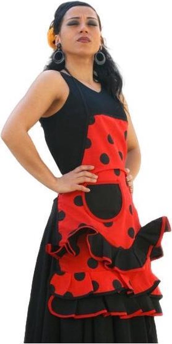 Spaanse flamenco schort, keukenschort rood zwart verkleedkleding