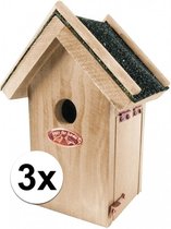 3x Houten vogelhuisjes met bitumen dakje 16x22 cm