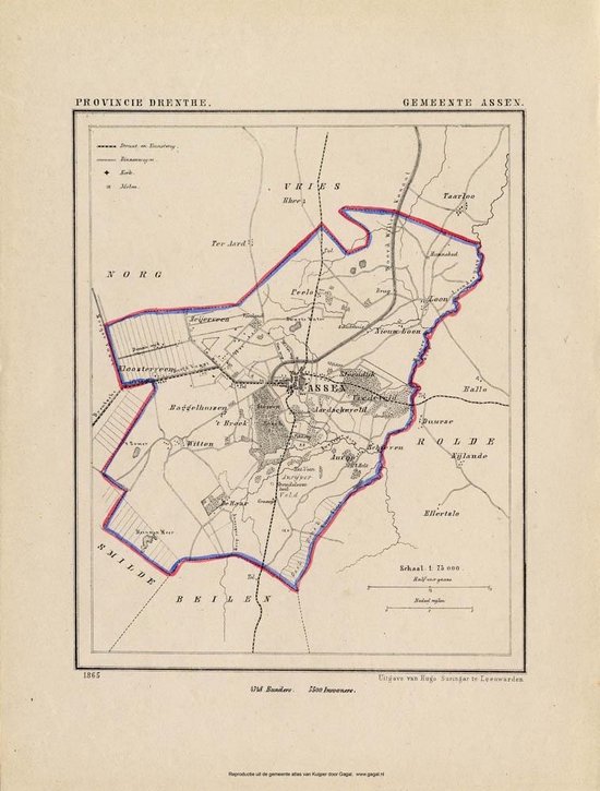 Historische kaart, plattegrond van gemeente Assen in Drenthe uit 1865 door Kuyper van Kaartcadeau.com