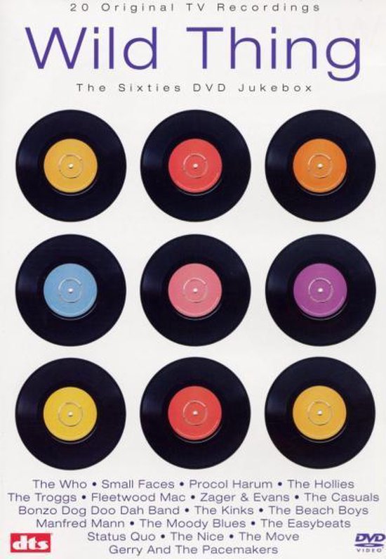 DVD hoes met de titel 'Wild Thing The Sixties DVD Jukebox' en negen vinylplaten met gekleurde labels.