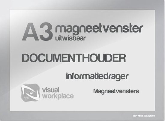 Zilver grijs magnetisch venster A3 'Documenthouder' met logo 'Visual Workplace'.