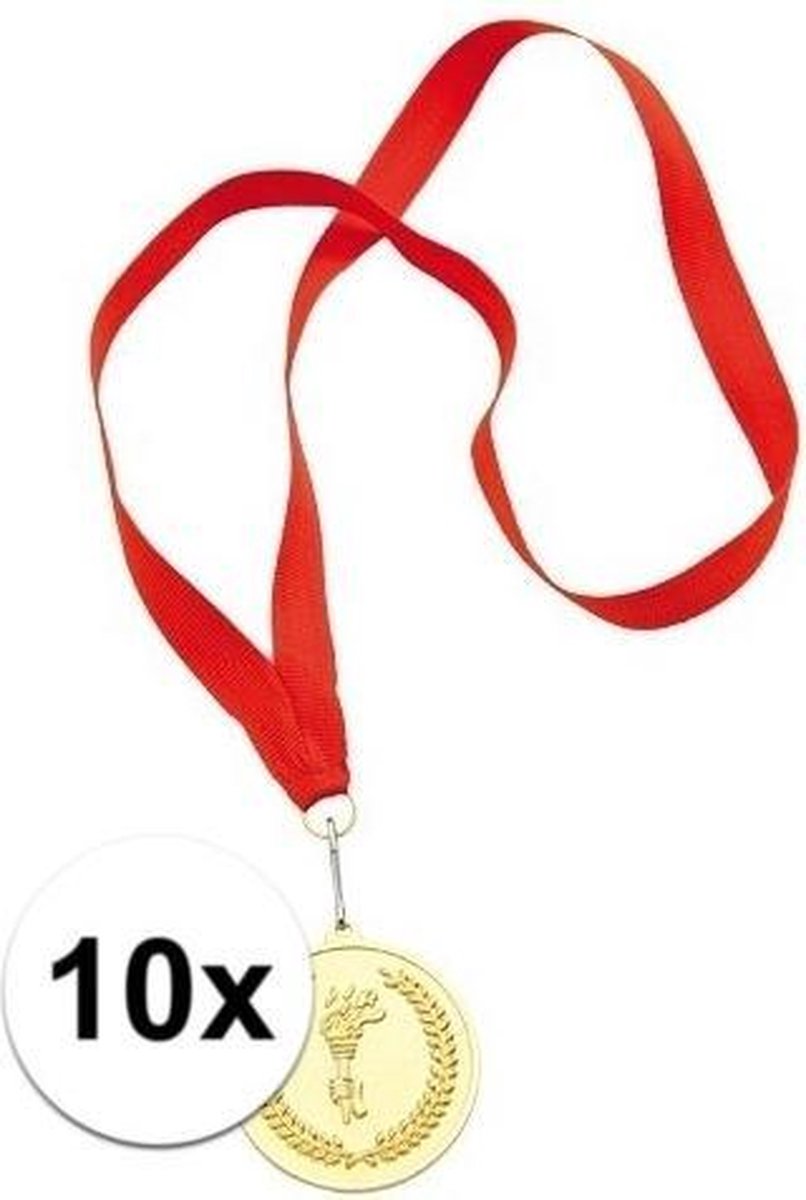 Sportprijzen - 10x stuks gouden medailles eerste prijs aan rood lint - Merkloos