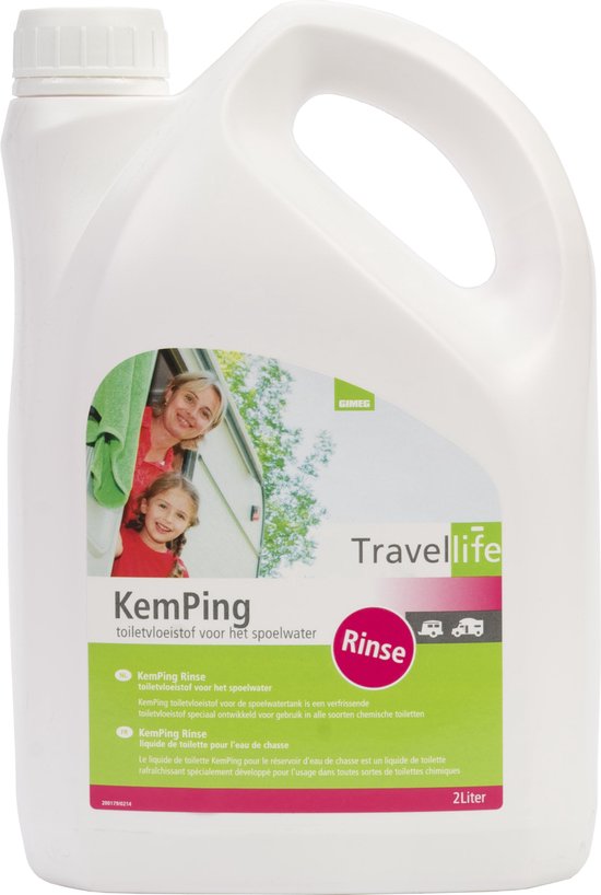 Een 2L fles KemPing Rinse, toiletvloeistof voor het spoelwater. Met afbeelding van een vrouw en kind bij een caravan.