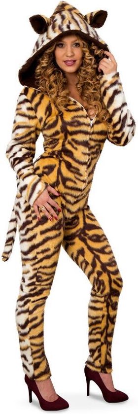 Tijger jumpsuit met grote capuchon tijgerprint bruin - maat 38 S-M - pak onesie... bol.com