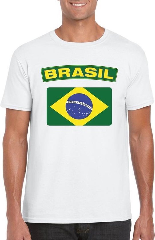 T-shirt met Braziliaanse vlag wit heren XXL