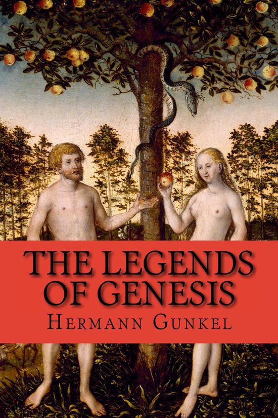 Het boek 'The Legends of Genesis' met de afbeelding van Adam en Eva bij de boom der kennis. Mannen en vrouwen worden als naakt afgebeeld, met een slang die om de boom gewikkeld is.
