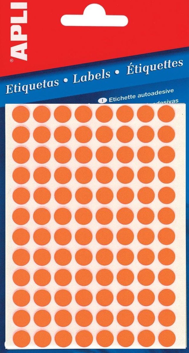 Apli ronde etiketten in etui diameter 8 mm, fluo oranje, 288 stuks, 96 per blad (2080)