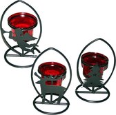 3 Kerstdecor zwart metalen theelicht houders en rood glas insert D8,5xH15cm