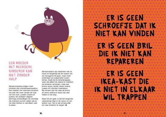 Paarse, dikke tekenfilmfiguur met een sigaret, zittend op een stoel, met gereedschap eromheen.
