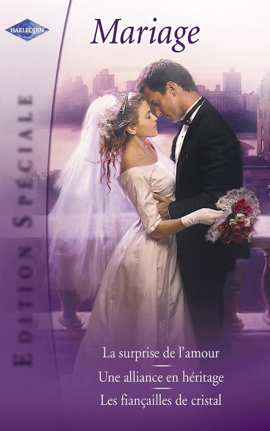 Mariée et marié s'enlacent. La mariée porte une robe de mariée avec voile et le marié un smoking. Titre : "Mariage"