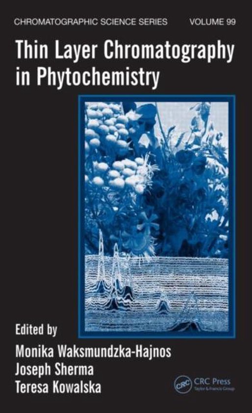 Boekcover: Thin Layer Chromatography in Phytochemistry. Chromato-grafische grafieken en plantenmateriaal in blauwtinten.
